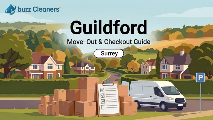 Guildford move-out checklist with removal van, boxes and tenancy checkout steps